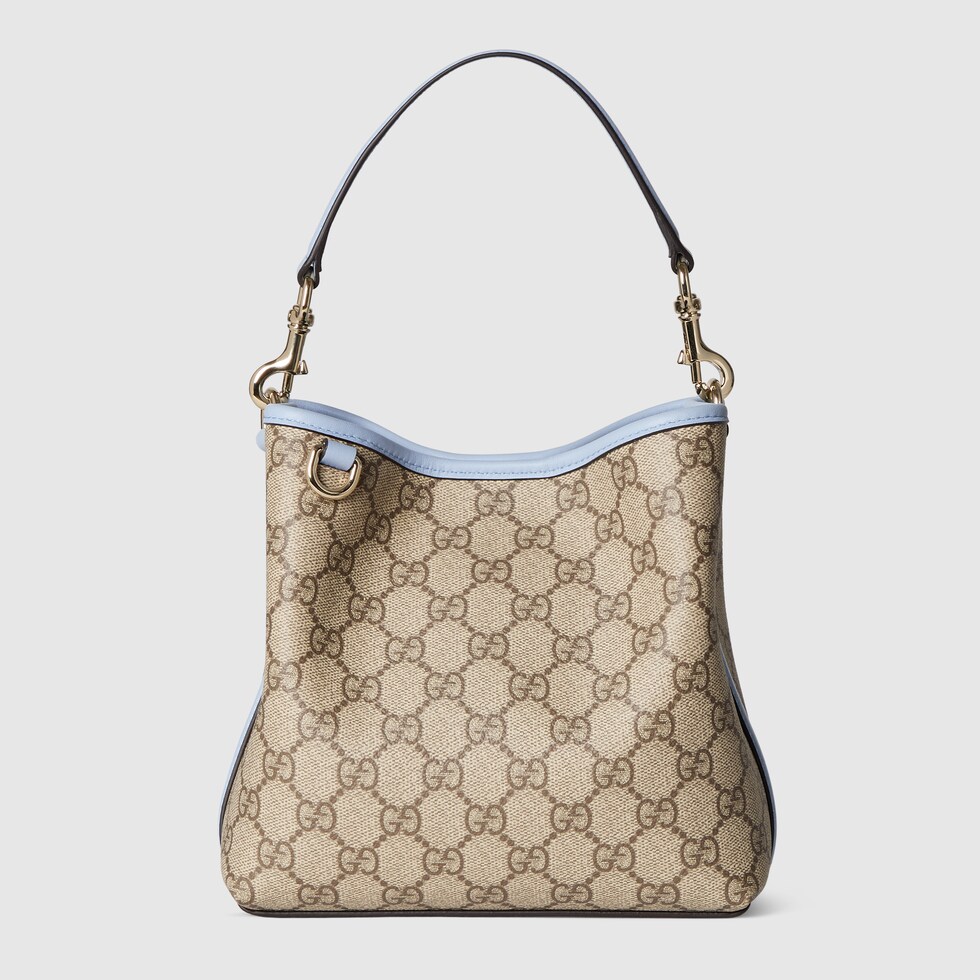 GG Emblem small bucket bag in beige and dark brown fabric GG Emblem small bucket bag in beige and dark brown fabric