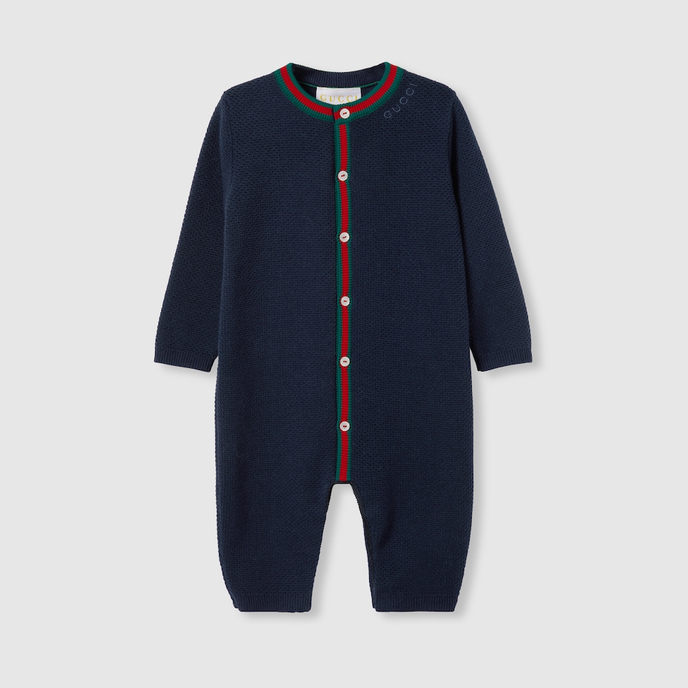 Baby cotton one-piece with embroidery in dark blue | GUCCI® US