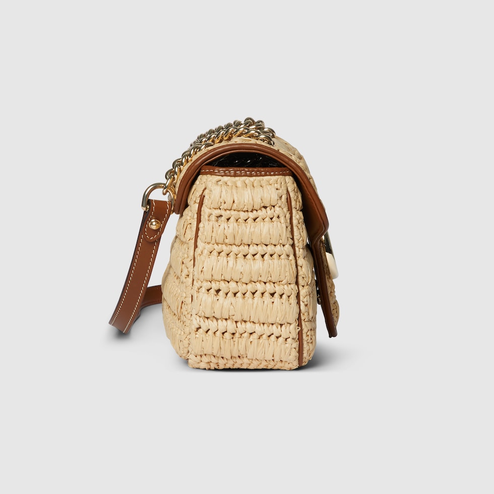 GG Marmont woven medium shoulder bag in natural straw-effect