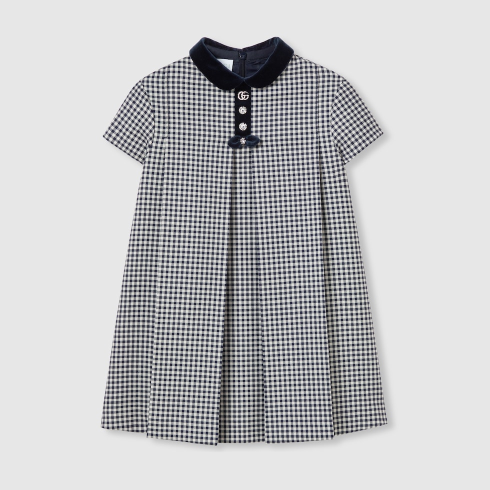 Children's wool gingham dress in white and blue | GUCCI® US