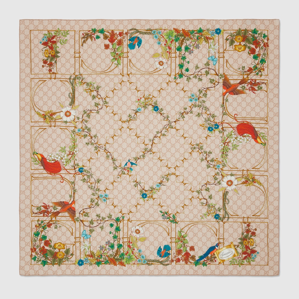 Gucci★素敵！Orange Silk Floral GRG Logo Square Scarf Gucci Floral Silk Scarf – Recess