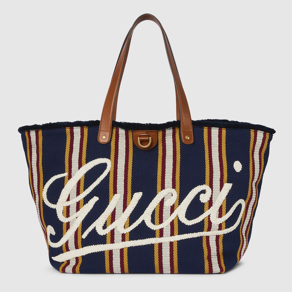 Embroidered large canvas tote bag in dark blue and