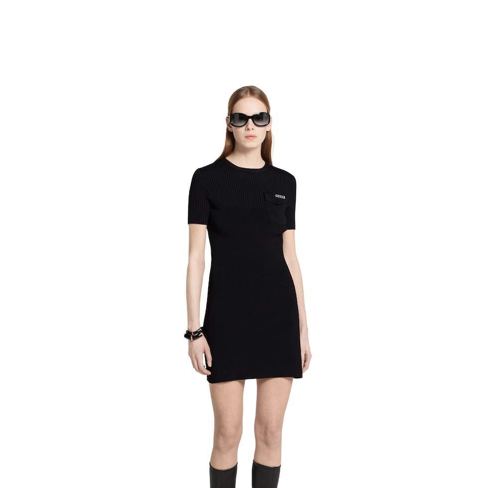 Rib fabric dress with intarsia in black | GUCCI® US