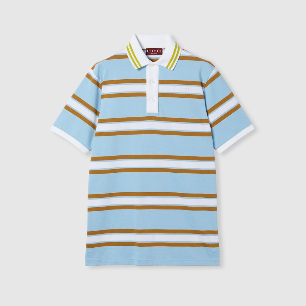 Striped cotton jersey polo top in light blue and camel Striped cotton jersey polo top in light blue and camel