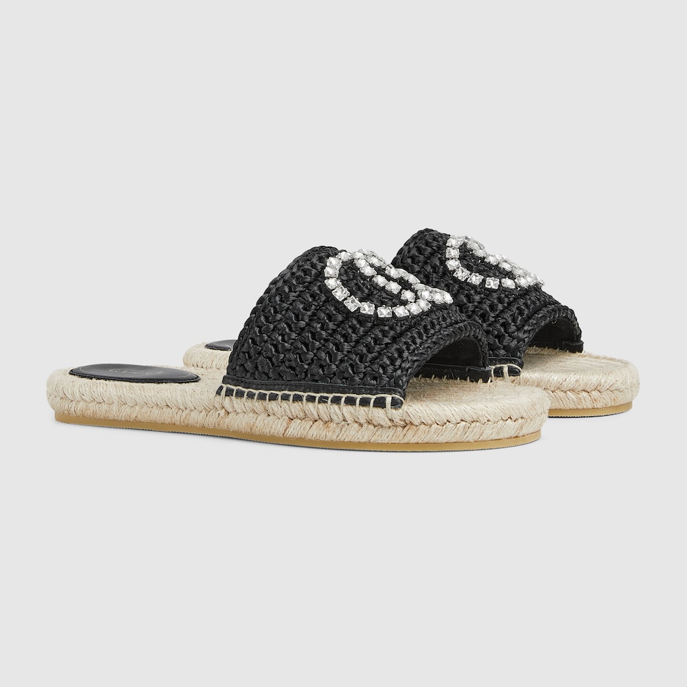 Women's Interlocking G espadrille in black crochet raffia