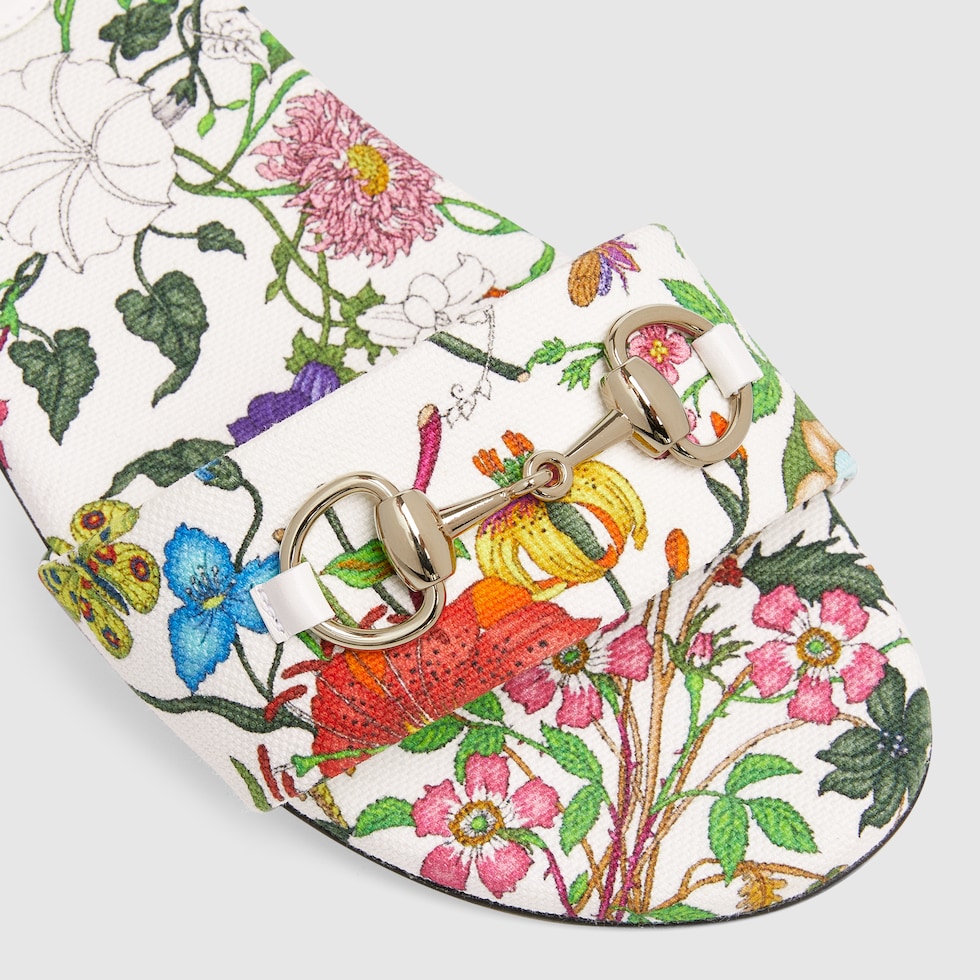 GUCCI バンビ フラワー Women's slide sandal with Horsebit in white and multicolor