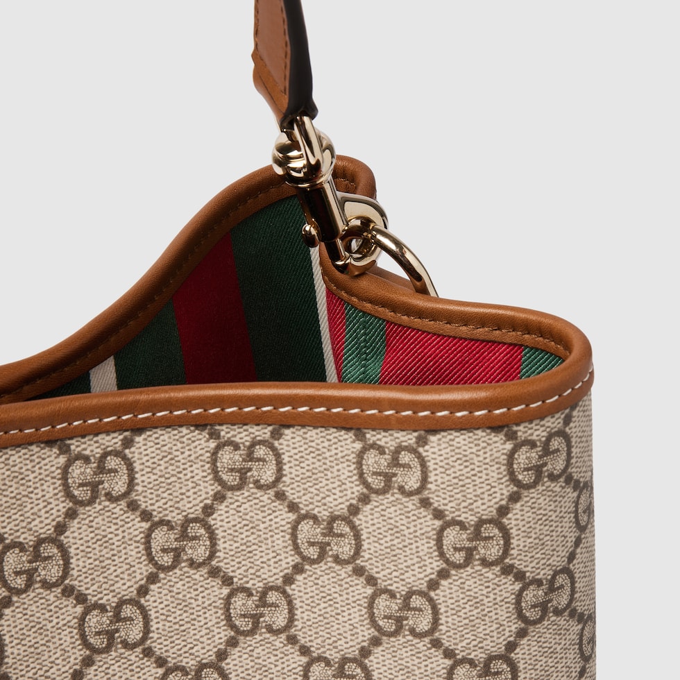 GG Emblem medium bucket bag in beige and dark brown fabric GG Emblem medium bucket bag in beige and dark brown fabric