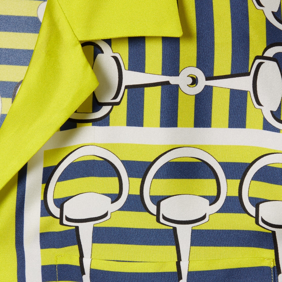 Printed silk twill bowling shirt in lime green and blue