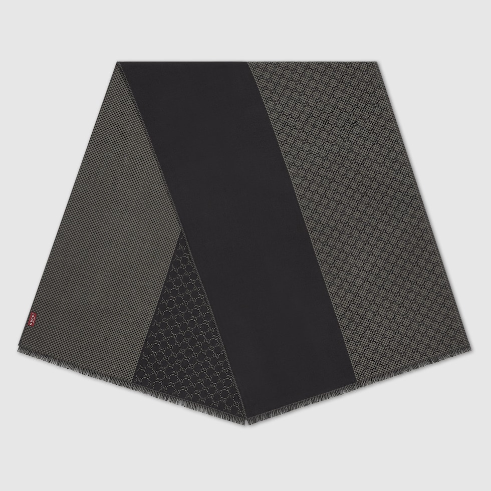 GGジャカード シルクウールショール GGウール＆シルク ジャカード ストール ・ブラック＆グレー | GUCCI公式