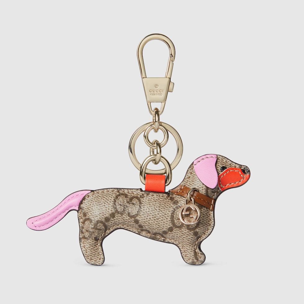Dog-shaped bag charm in beige and brown GG fabric | GUCCI® US