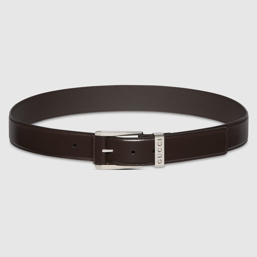 Belt with squared buckle in dark brown leather | GUCCI® GR