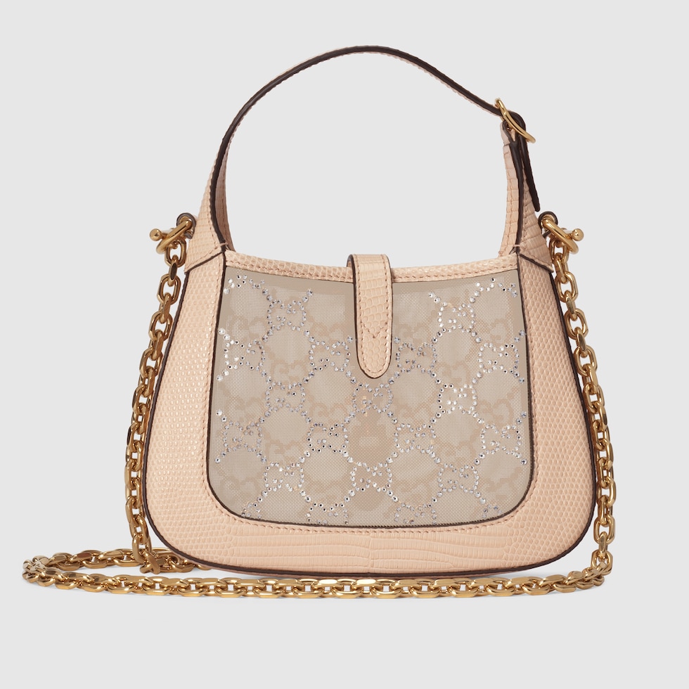 Mini borsa Jackie 1961 in lucertola con cristalli GG in rosa