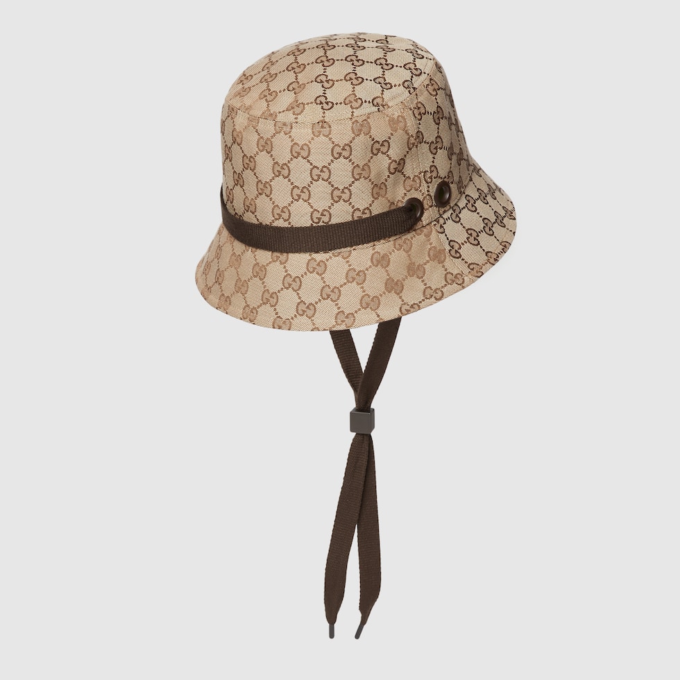 GUCCI モノグラムキャンバス　ハット GG canvas bucket hat with tie in beige and dark brown