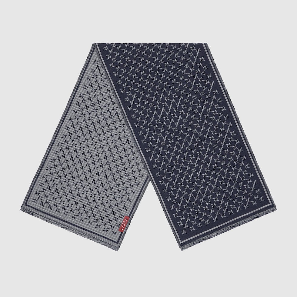 GUCCIダブルジャカードGGウールスカーフ GG ウールジャカード スカーフ ・ダークブルー＆グレー | GUCCI公式