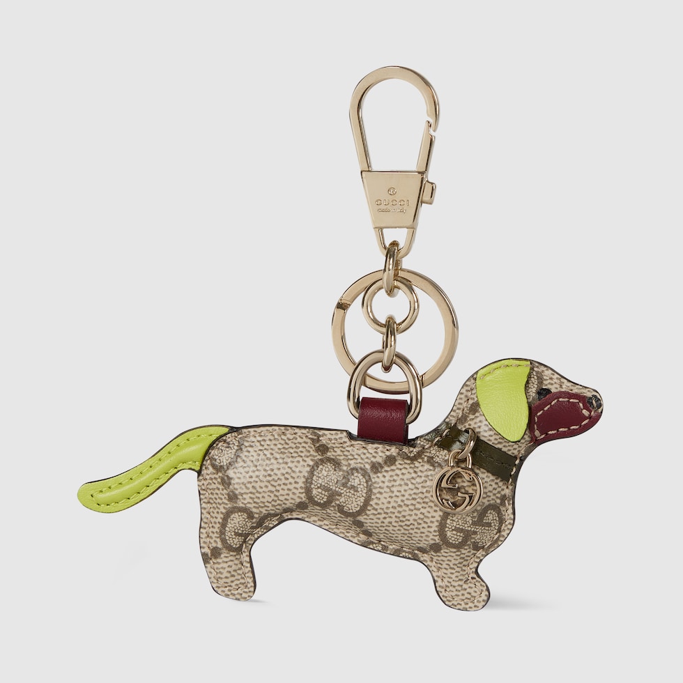 Dog-shaped bag charm in beige and brown GG fabric | GUCCI® US