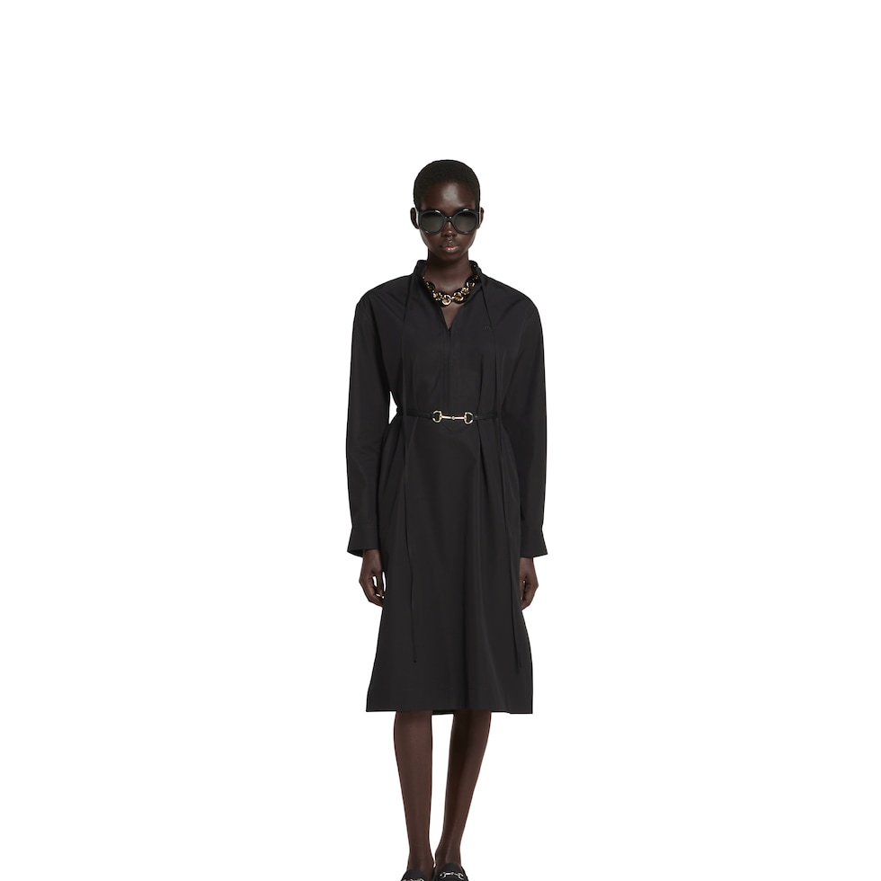 Cotton poplin dress with Horsebit belt in black | GUCCI® US