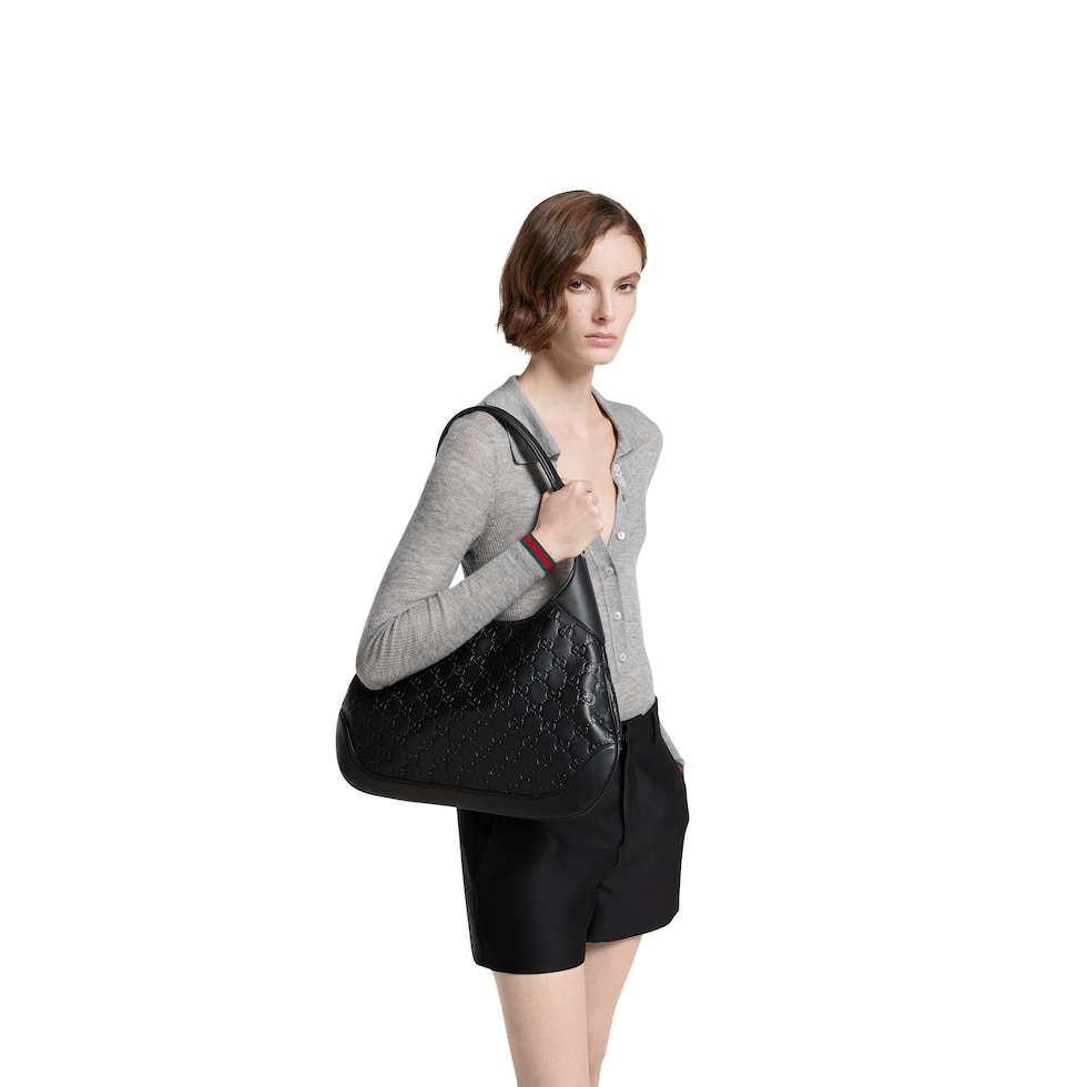 Gucci B medium shoulder bag in black GG leather | GUCCI® US