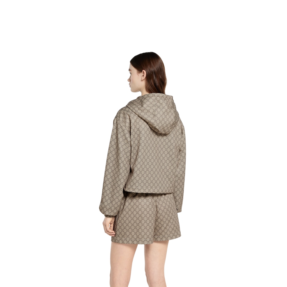 Printed technical jersey zip jacket in beige and dark brown Printed technical jersey zip jacket in beige and dark brown