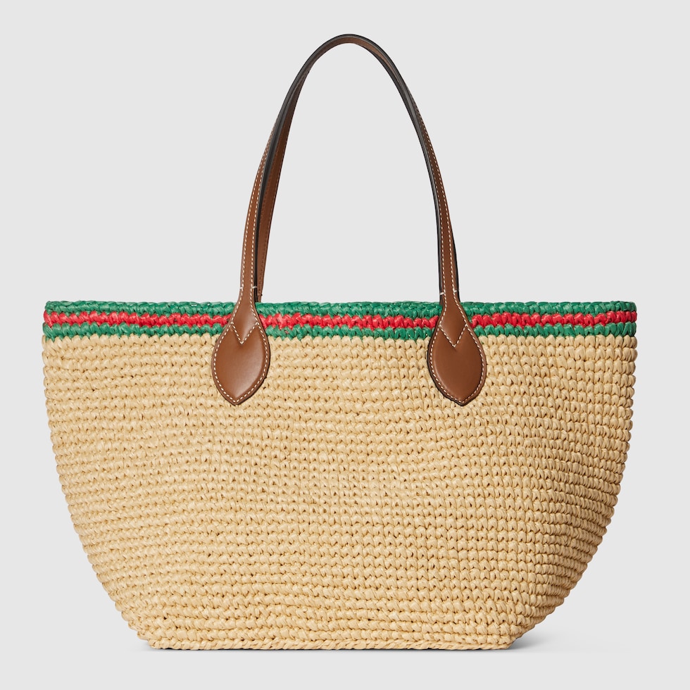 Woven medium tote bag in natural straw-effect | GUCCI® US