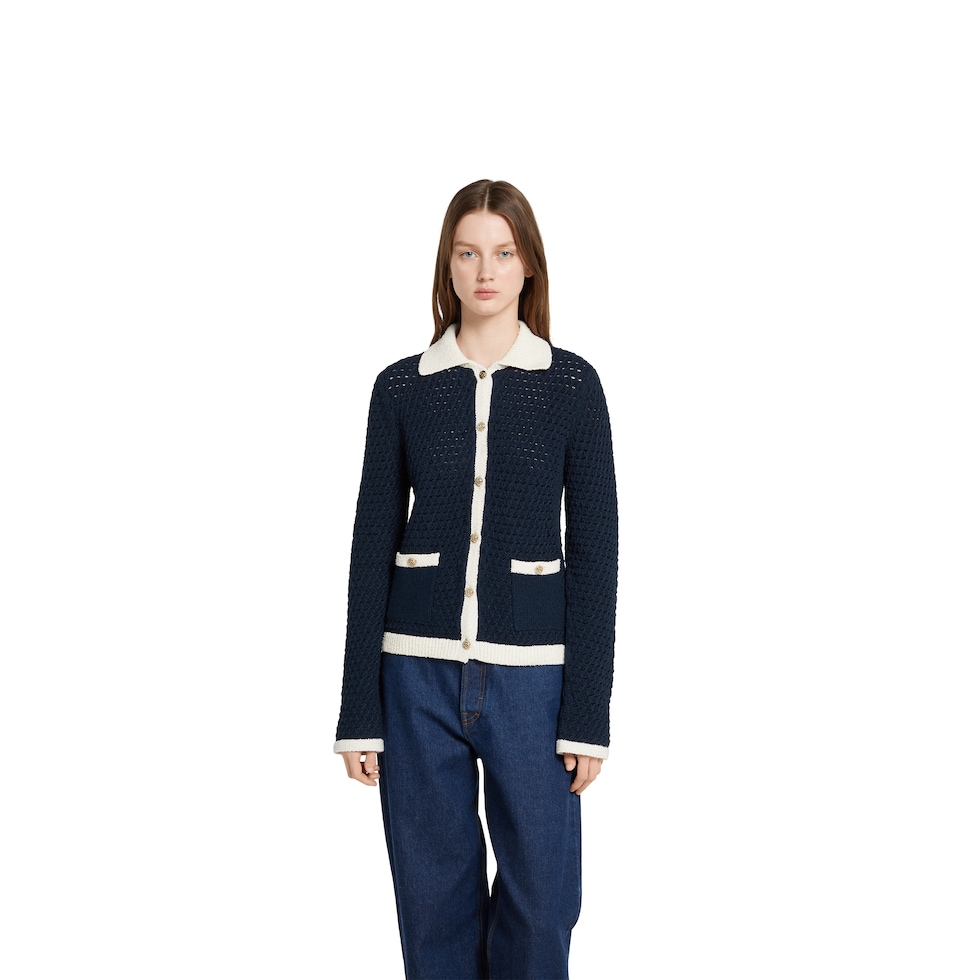 【送料&関税込】Gucci Midnight Blue Stretch Crochet Cardigan Fine cotton crochet cardigan in navy and white | GUCCI® US