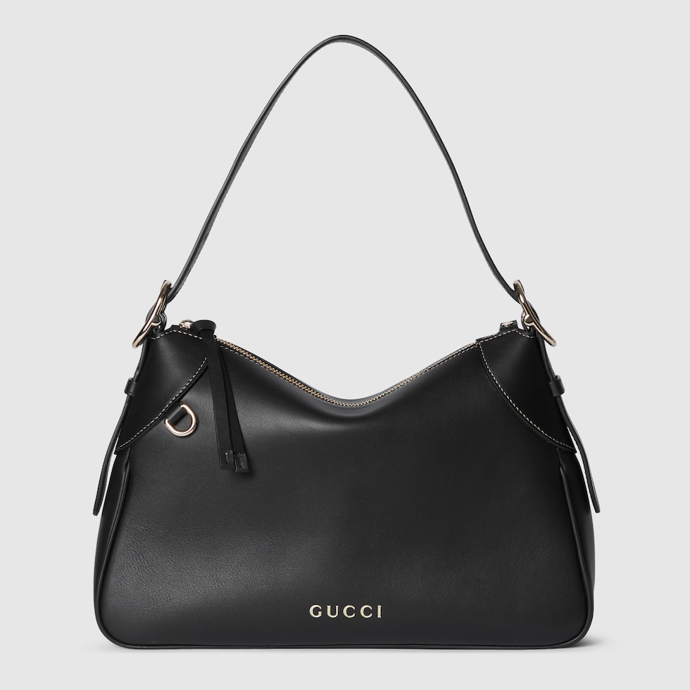 GG Emblem medium shoulder bag in black leather | GUCCI® US GG Emblem medium shoulder bag in black leather | GUCCI® US