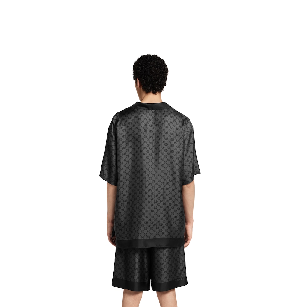Printed silk twill bowling shirt in grey and black | GUCCI® US