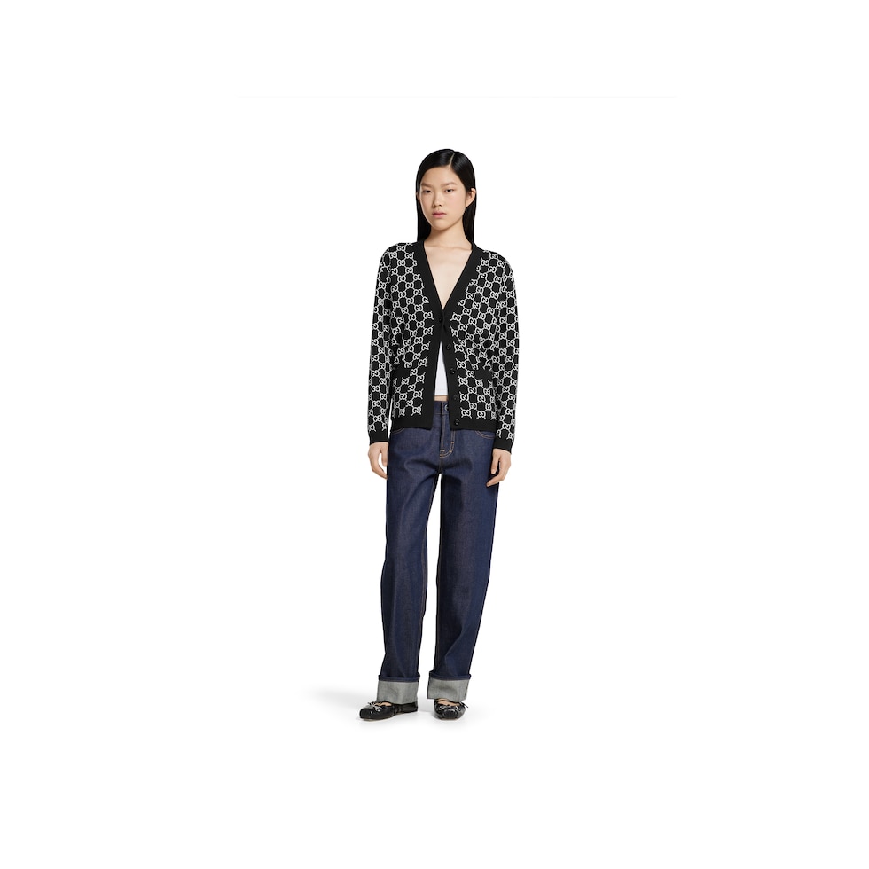 Reversible GG wool jacquard cardigan in black and white