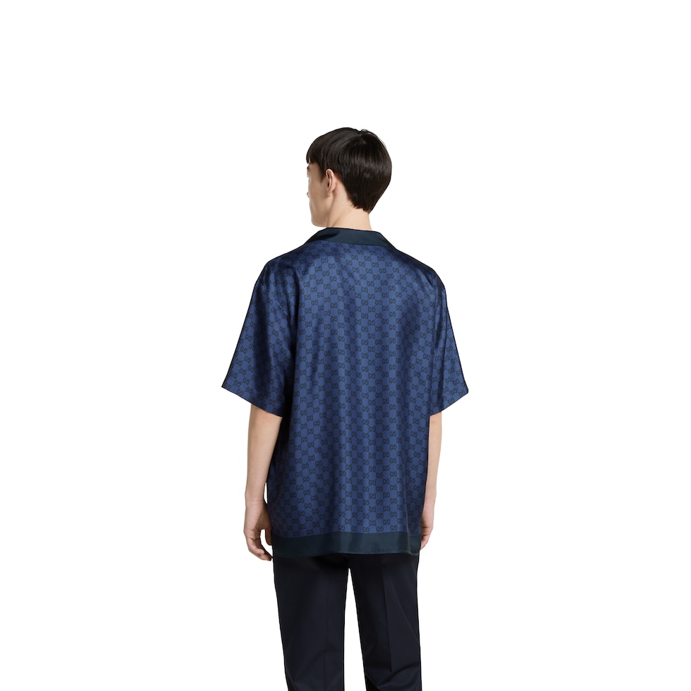 Printed silk twill bowling shirt in blue | GUCCI® US