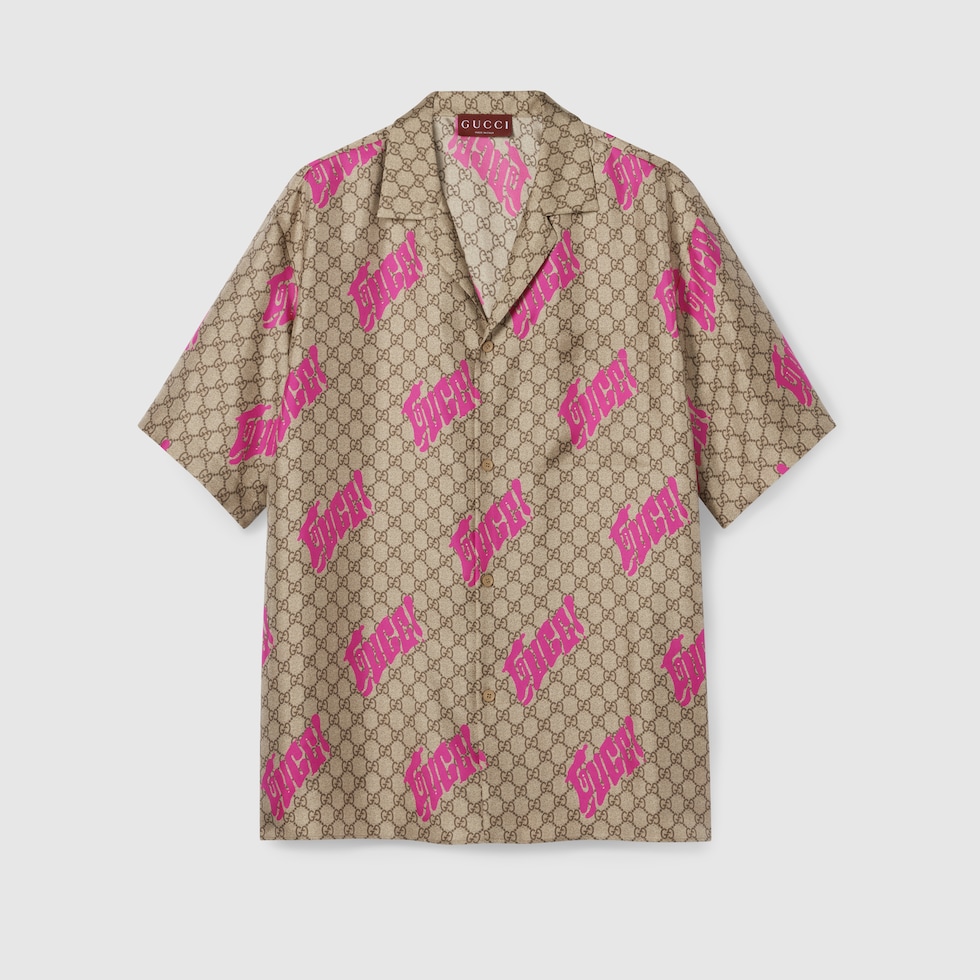Printed silk twill bowling shirt in beige, brown and fuchsia