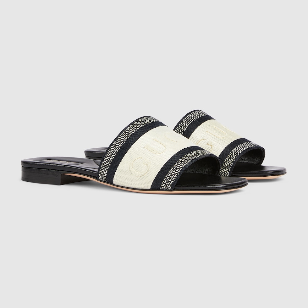 サンダル GUCCI SLIDE SANDALS WITH WEB DETAIL Women's slide sandal with Web in black and white cotton