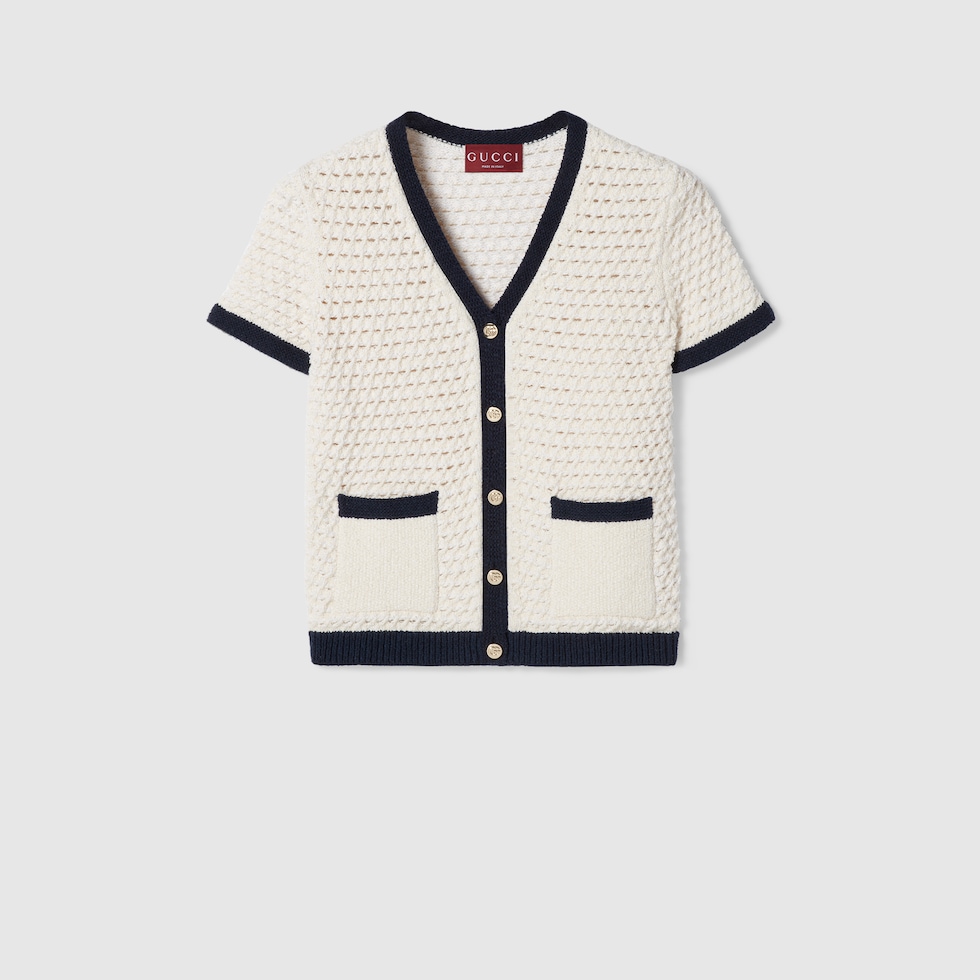 【送料&関税込】Gucci Midnight Blue Stretch Crochet Cardigan Fine cotton crochet cardigan in navy and white | GUCCI® US
