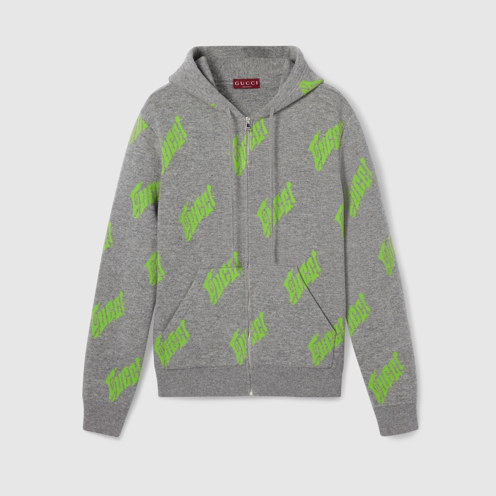 Wool knit zip jacket with jacquard in grey and green | GUCCI® TR