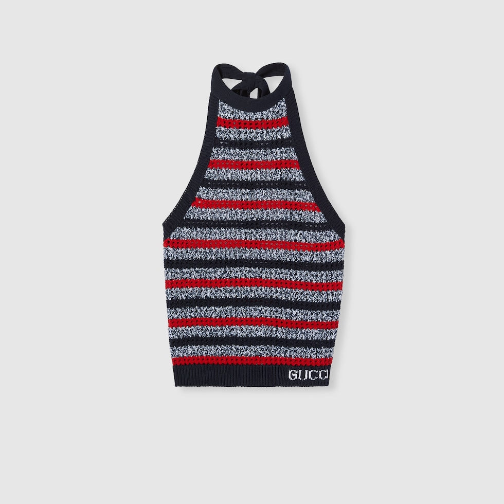 Striped fine cotton knit halterneck top in navy and red