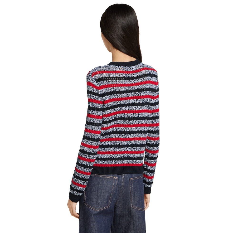 Striped cotton cardigan with intarsia in navy and red