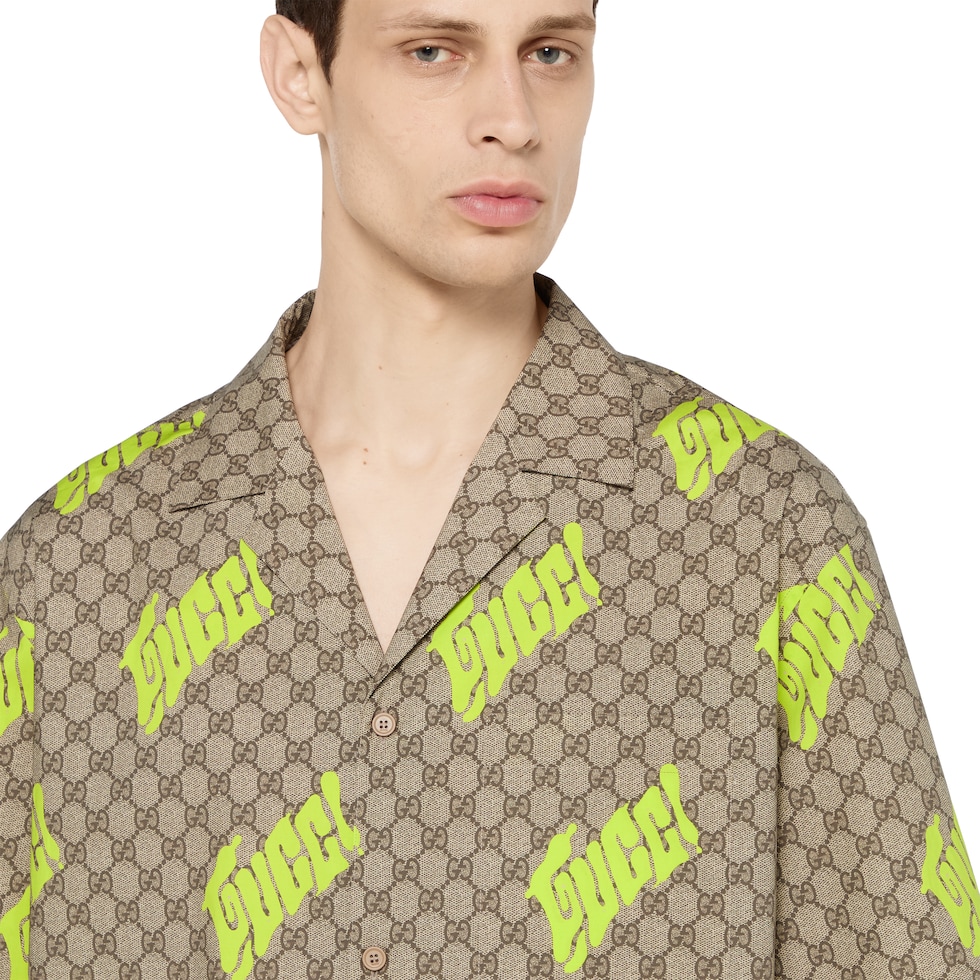 Printed cotton poplin bowling shirt in beige, brown and lime