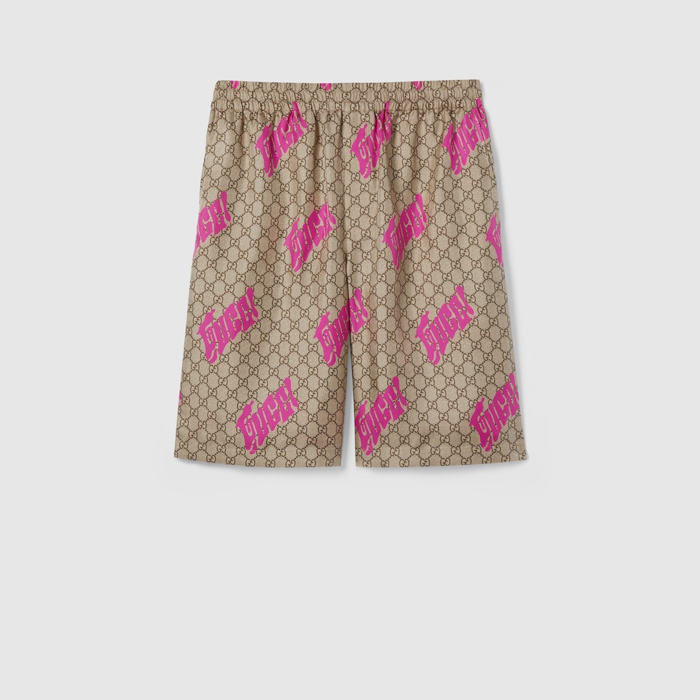 Printed silk twill shorts in beige, brown and fuchsia Printed silk twill shorts in beige, brown and fuchsia