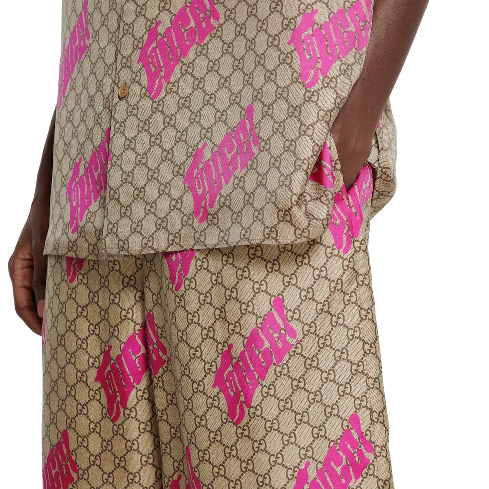 在庫処分セール Printed silk twill shorts in beige, brown and fuchsia タオル・ハンカチ