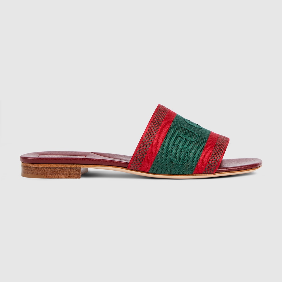 Women's slide sandal with Web in green and red cotton canvas Women's slide sandal with Web in green and red cotton canvas