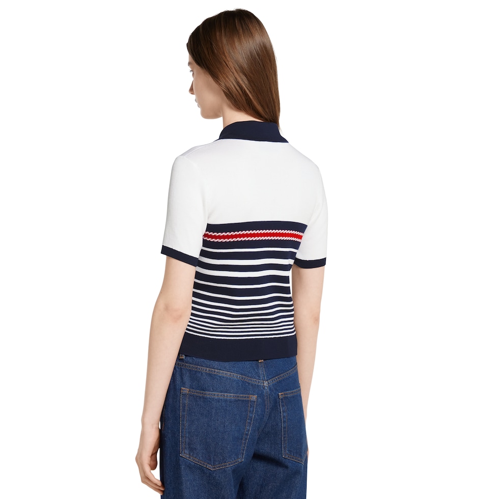 Cotton stitch polo top with intarsia in off white and blue