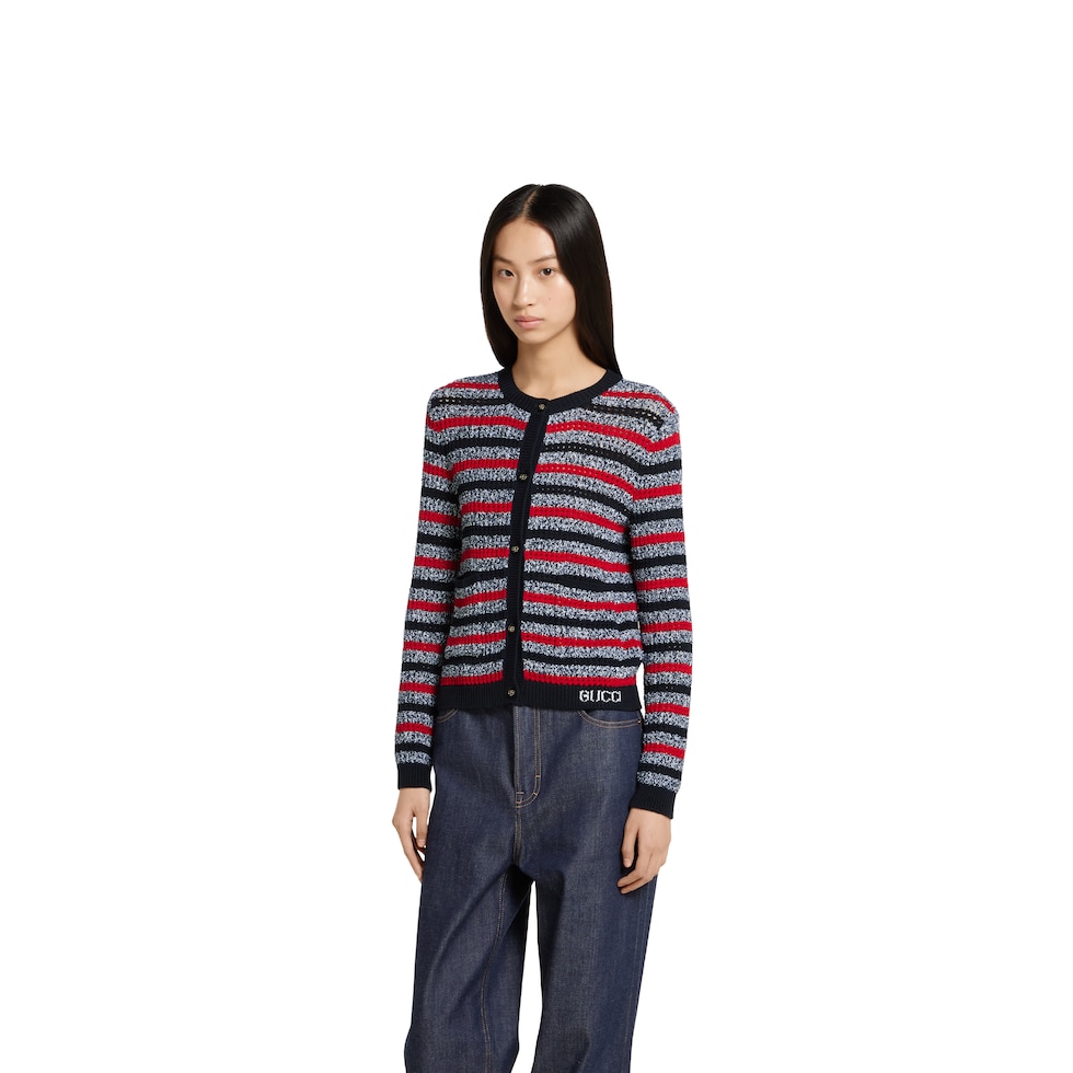 Striped cotton cardigan with intarsia in navy and red