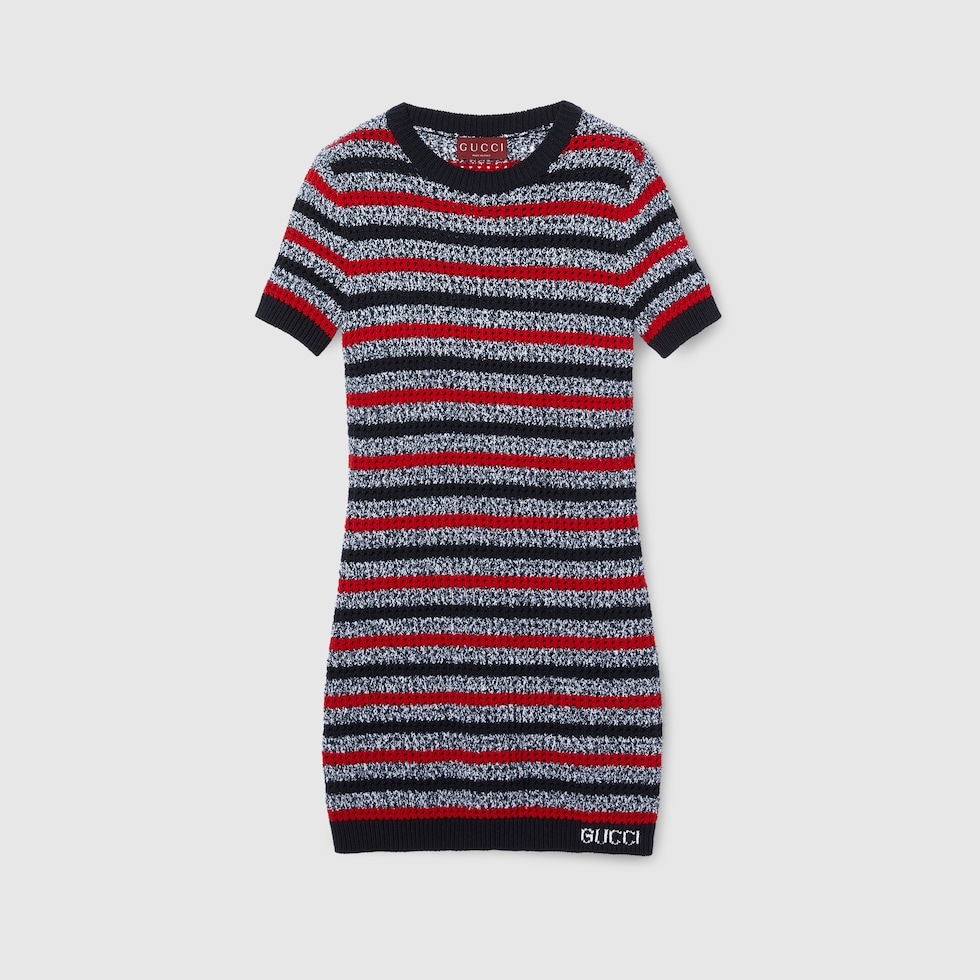 グッチ ワンピース Striped fine cotton knit dress in navy and red | GUCCI® US