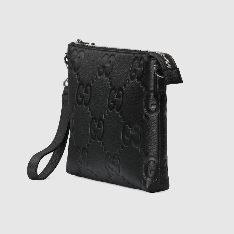 Gucci ブラック レザー メッセンジャーバッグ ジャンボ GG ミディアム クロスボディバッグ ・ブラック レザー