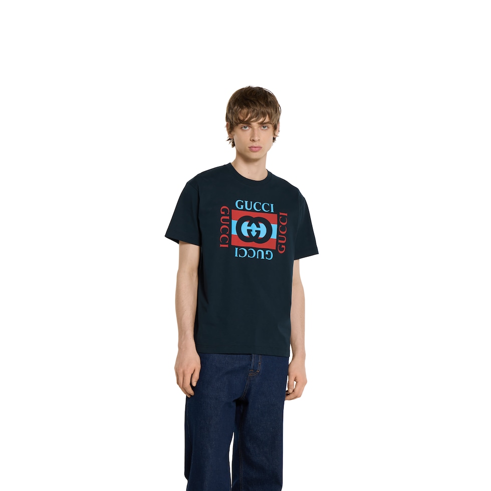 Printed cotton jersey T-shirt in navy | GUCCI® US