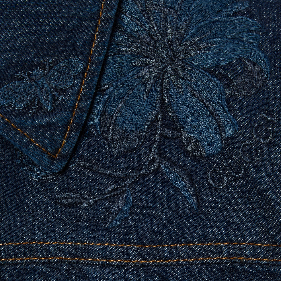 Denim jacket with embroidery in blue | GUCCI® US