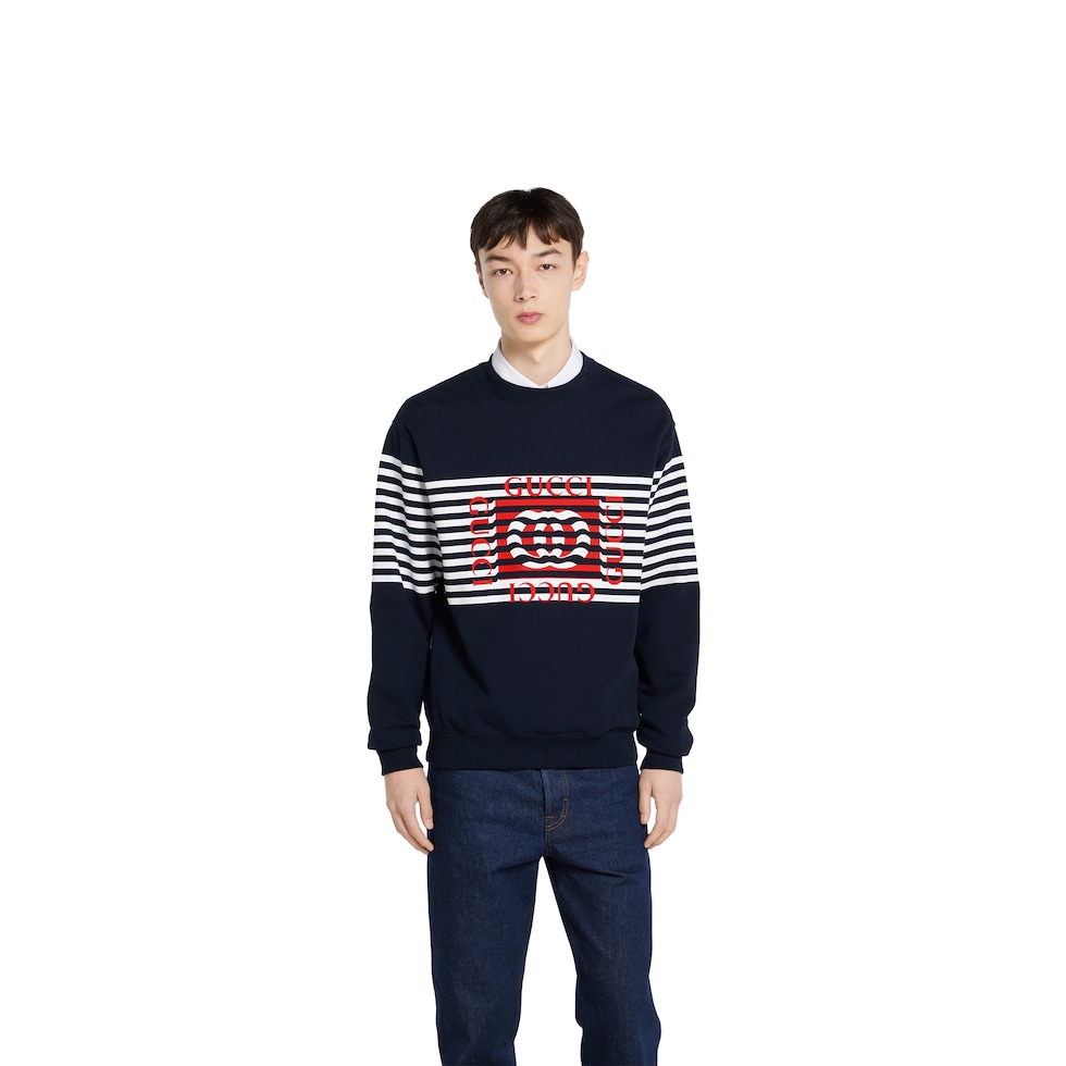 Printed cotton jersey sweatshirt in navy | GUCCI® US Printed cotton jersey sweatshirt in navy | GUCCI® US