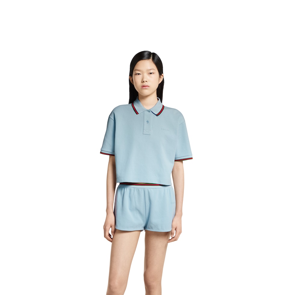 Cotton piquet polo shirt with Web in light blue | GUCCI® US