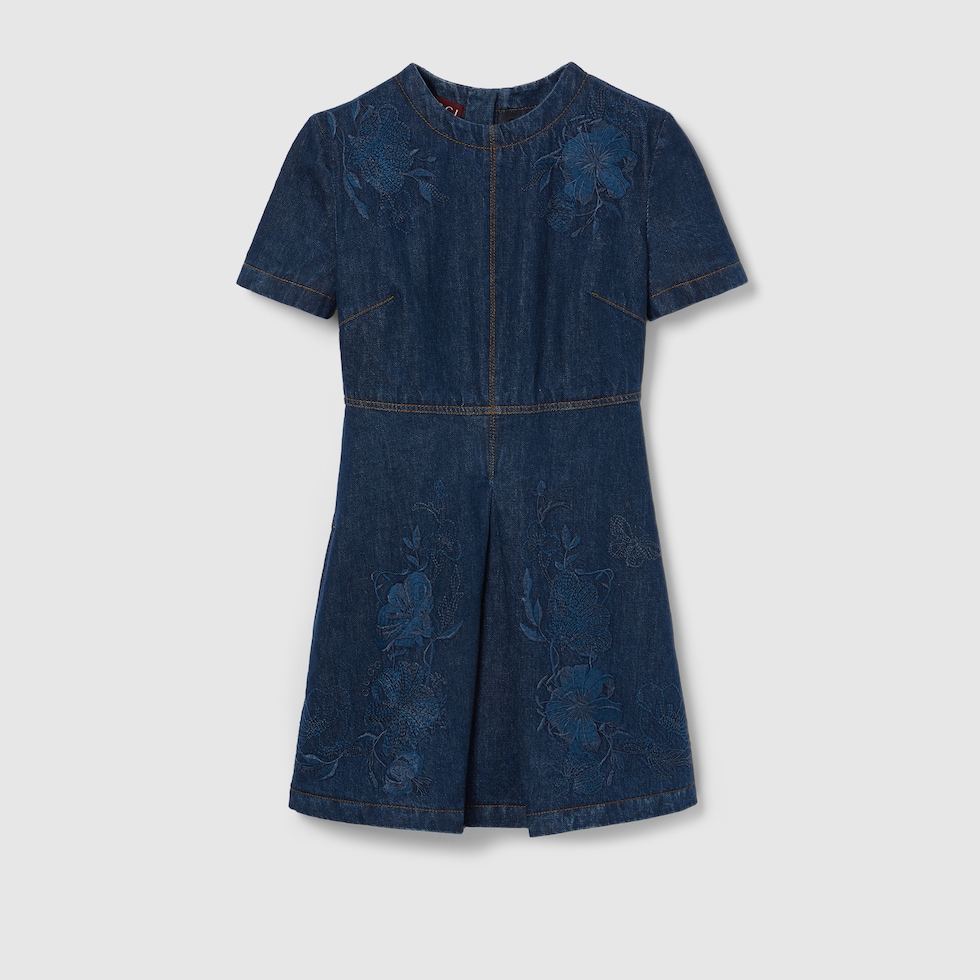 Denim dress with embroidery in blue | GUCCI® US