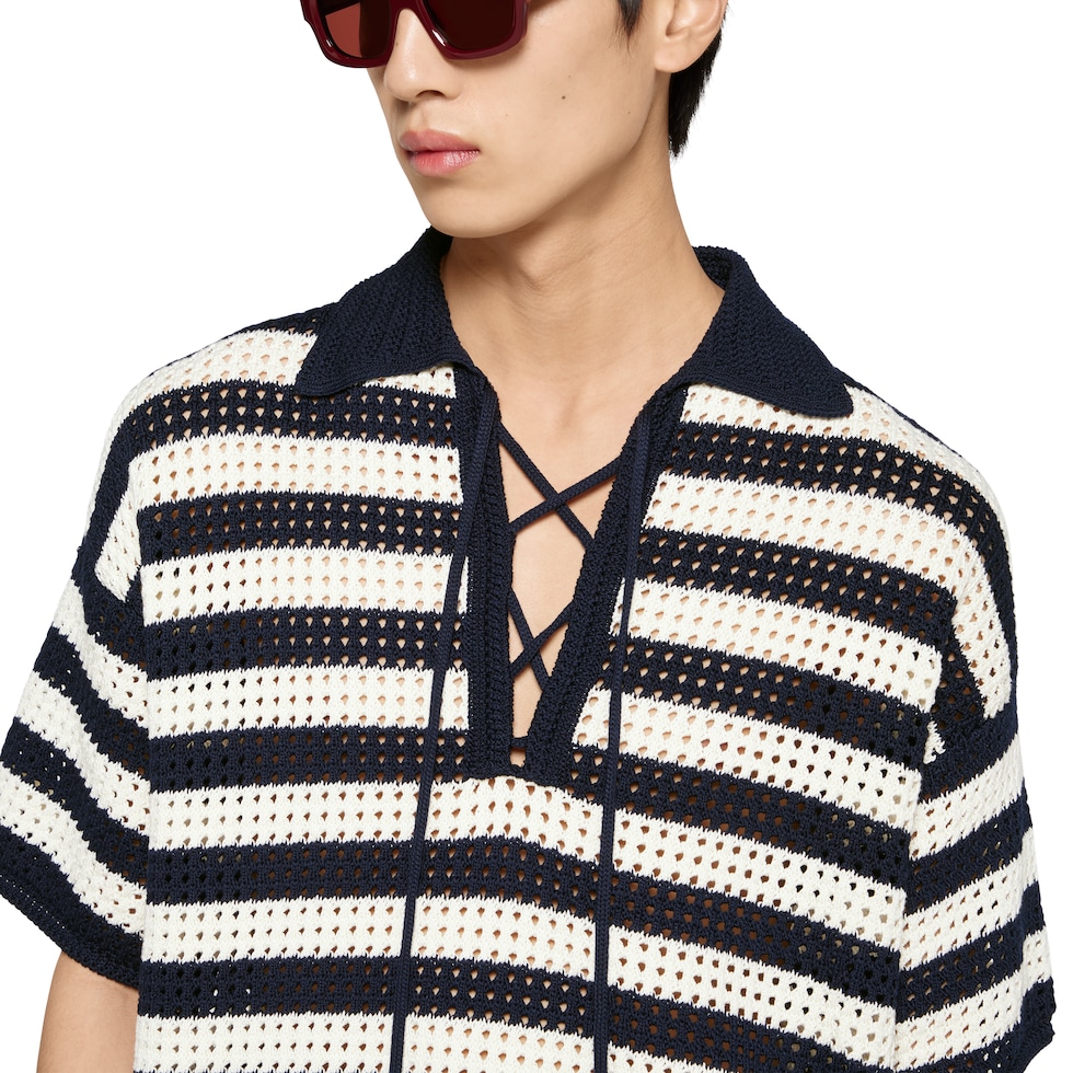 Striped cotton knit polo shirt in dark blue and white
