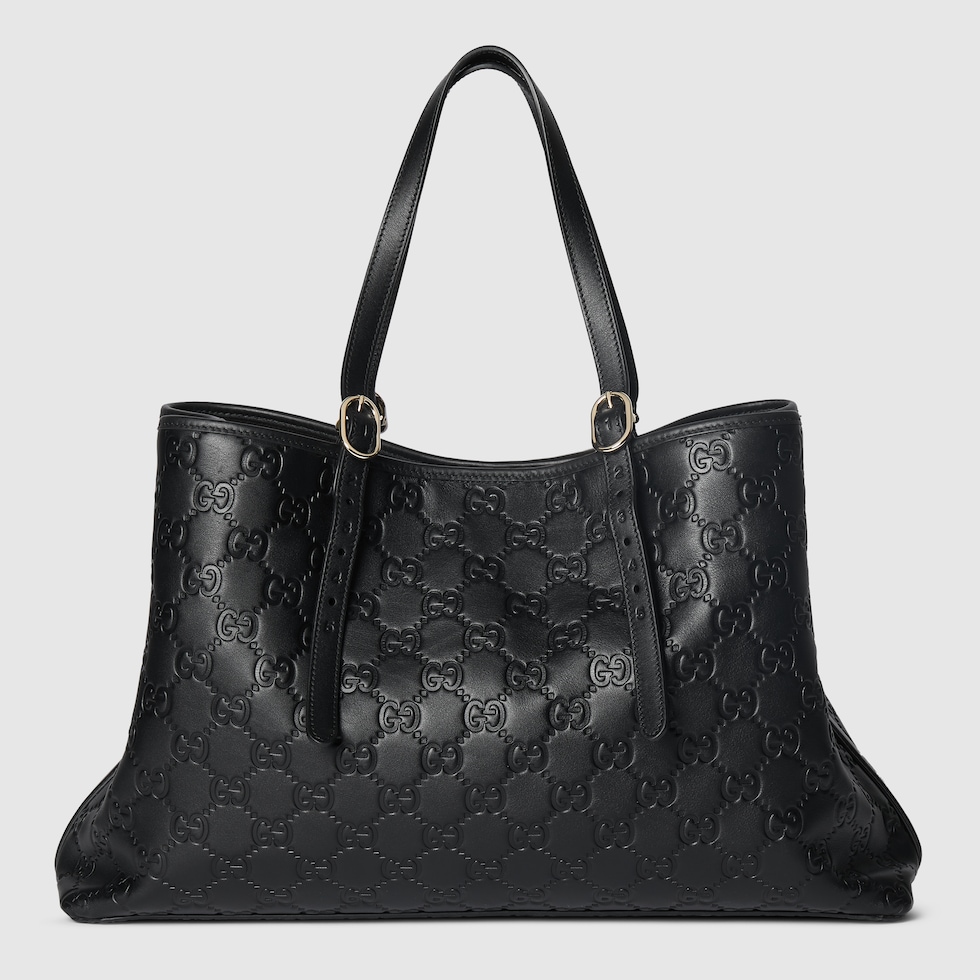 GG Emblem large tote bag in black leather | GUCCI® US