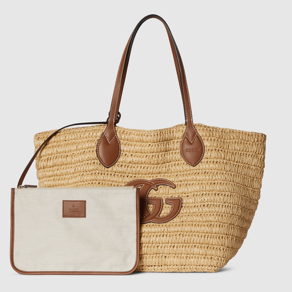 Woven medium tote bag in natural straw-effect | GUCCI® US